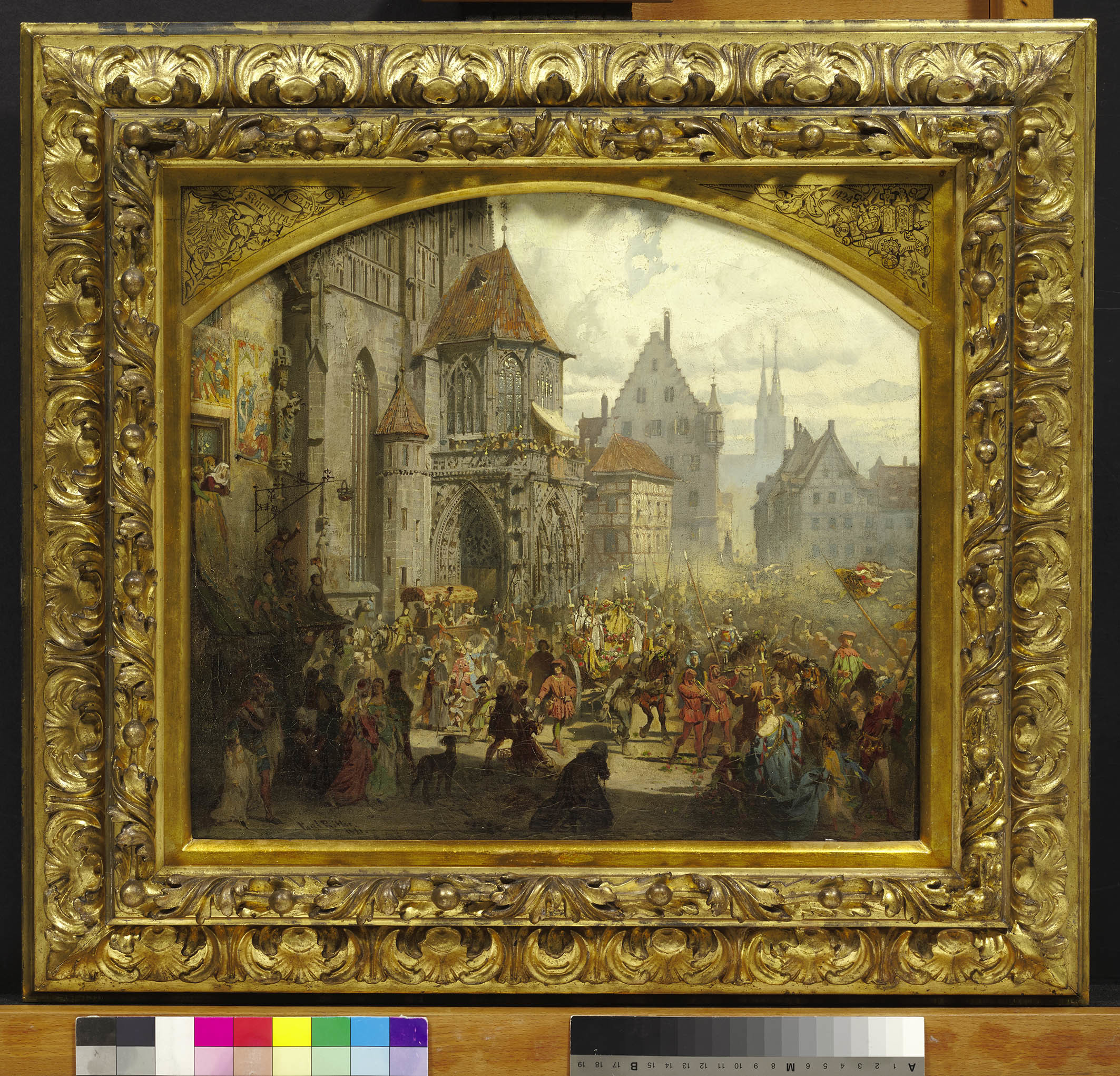 Das Gemälde von Paul Ritter d. Ä. zeigt „Die Einbringung der Reichskleinodien 1424“.