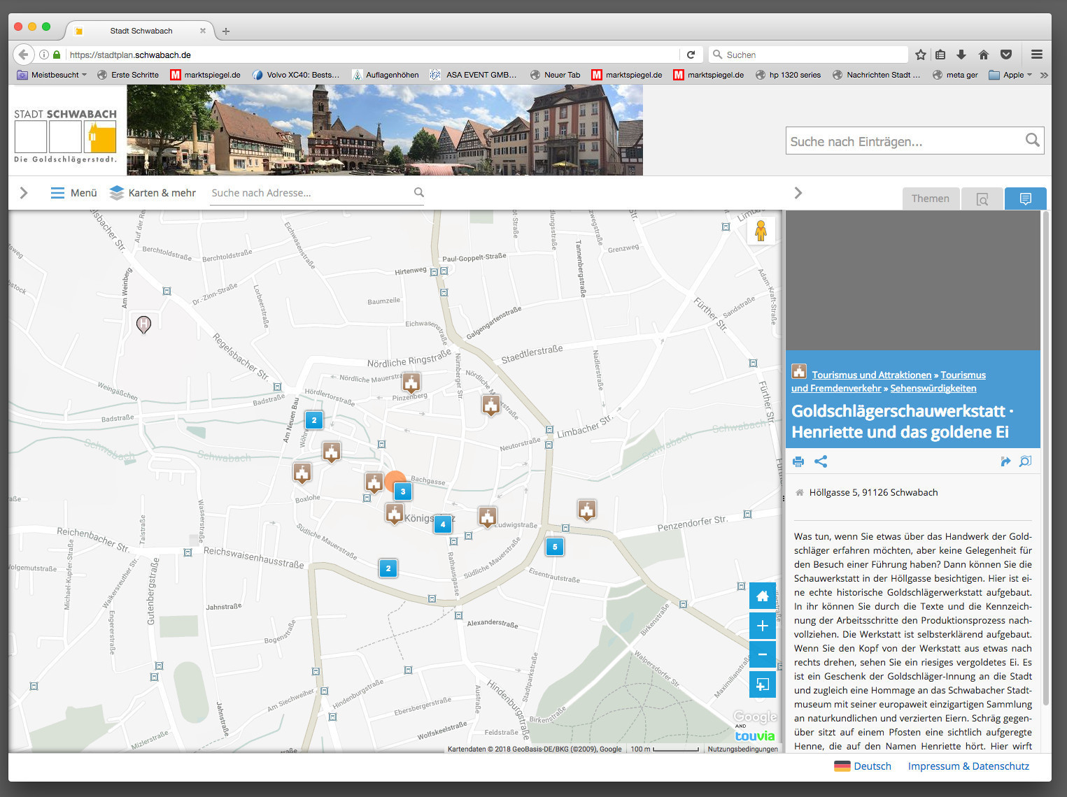 Ein Beispiel: Beim Stichwort „Sehenswürdigkeiten-Goldschlägerwerkstatt“ wird nicht nur deren Lage im Stadtplan (links) angezeigt, sondern auch Details mitgeteilt (rechts).