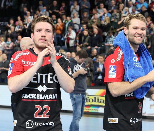 (Foto: HJKrieg, Erlangen): v.l. der 7-fache Torschütze Dominik Mappes und der abwehrstarke Petter Overby