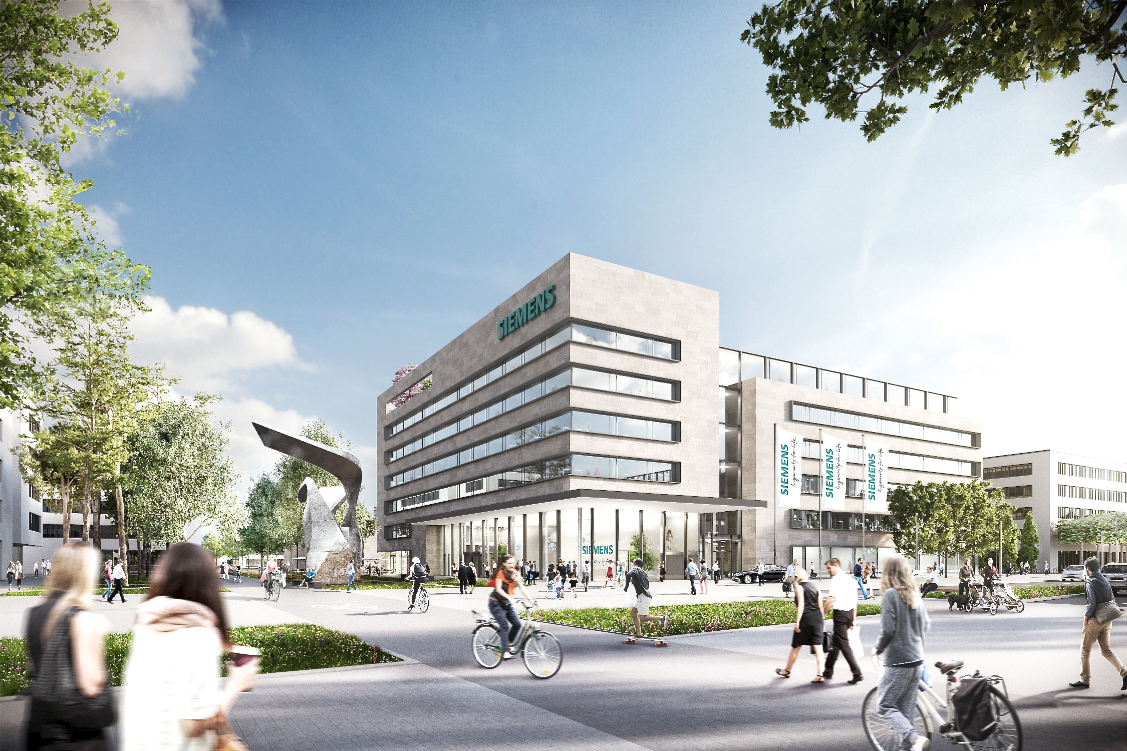 Das neue Empfangsgebäude als zentraler architektonischer Mittelpunkt im Siemens Campus Erlangen nimmt die Struktur der umliegenden Modul-Gebäude auf und verdeutlicht zugleich mit seinem über zwei Stockwerke verglasten Eingangs- und Empfangsbereich das Alleinstellungsmerkmal auf dem Areal. Foto: © Siemens AG