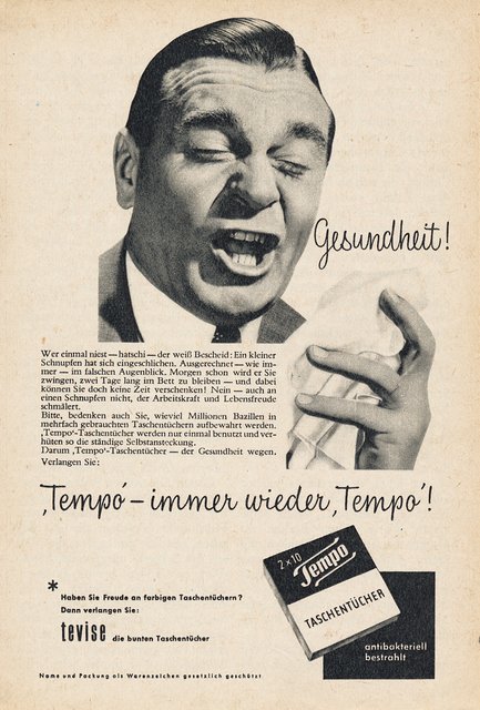 Eine historische Werbeanzeige für das Tempo-Taschentuch. | Foto: © oh