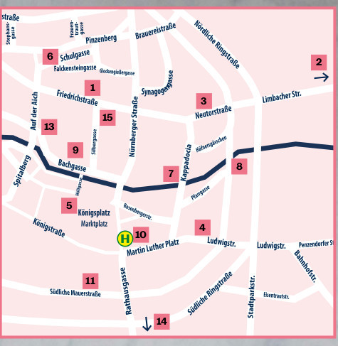 Die Grafik zeigt den Innenstadtbereich. Die Nummern kennzeichnen die teilnehmenden Kneipen.