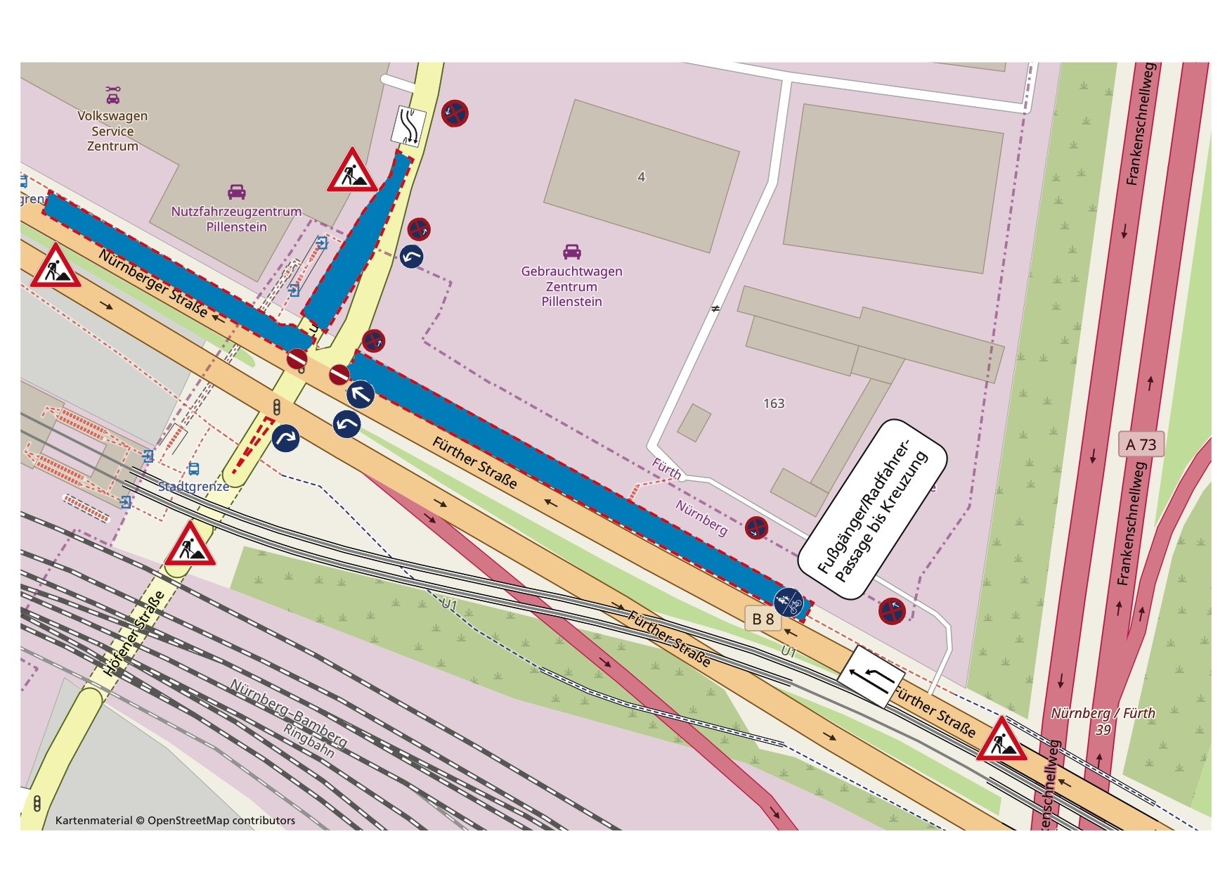 Ab Montag, 18. März 2019, führen der Servicebetrieb Öffentlicher Raum Nürnberg (Sör) und die Stadt Fürth Straßenbauarbeiten an der Kreuzung Fürther Straße - Höfener Straße - Nürnberger Straße - Ludwig-Quellen-Straße durch. Bei den gemeinsam mit der Stadt Fürth ausgeführten Baumaßnahmen werden auf Fürther Seite unter anderem Arbeiten an einer Gasleitung durchgeführt und eine Bushaltestelle verlegt. Auf Nürnberger Seite werden die Ampelanlage der Kreuzung erneuert, ein Radwegstreifen auf der Fahrbahn der Fürther Straße eingezogen und zum Teil Fahrbahndeckensanierungen ausgeführt.
