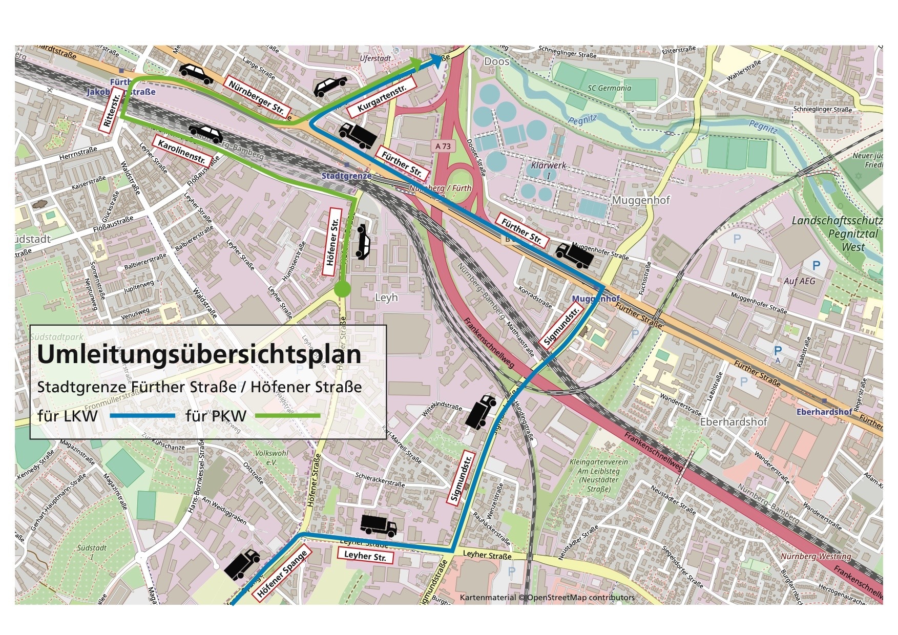 Ab Montag, 18. März 2019, führen der Servicebetrieb Öffentlicher Raum Nürnberg (Sör) und die Stadt Fürth Straßenbauarbeiten an der Kreuzung Fürther Straße - Höfener Straße - Nürnberger Straße - Ludwig-Quellen-Straße durch. Bei den gemeinsam mit der Stadt Fürth ausgeführten Baumaßnahmen werden auf Fürther Seite unter anderem Arbeiten an einer Gasleitung durchgeführt und eine Bushaltestelle verlegt. Auf Nürnberger Seite werden die Ampelanlage der Kreuzung erneuert, ein Radwegstreifen auf der Fahrbahn der Fürther Straße eingezogen und zum Teil Fahrbahndeckensanierungen ausgeführt.