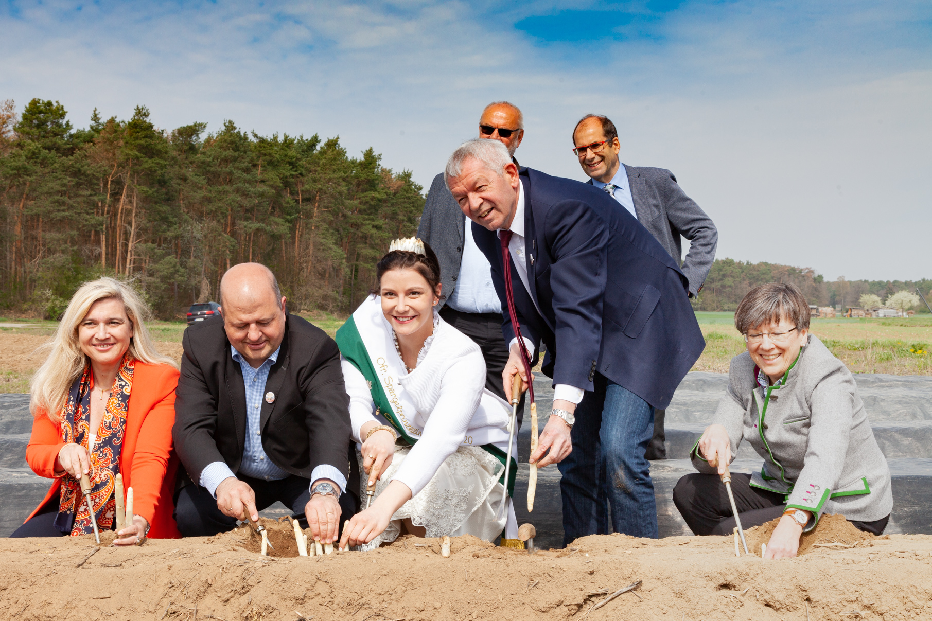 Holen den ersten Spargel aus der Erde: Gesundheitsministerin Melanie Huml, der Landtagsabgeordnete Holger Dremel, Spargelprinzessin Christina I., Landrat Johann Kalb und Regierungspräsidentin Heidrun Piwernetz (vordere Reihe von links).