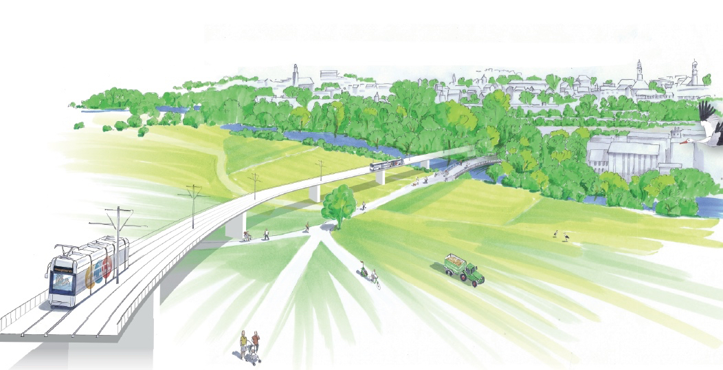 Mögliche Mittlere Regnitzquerung „Brücke Wöhrmühlinsel“. Skizzenhafte Visualisierung, angenommene Ansicht aus Südwesten.
Quelle: © ZV StUB
