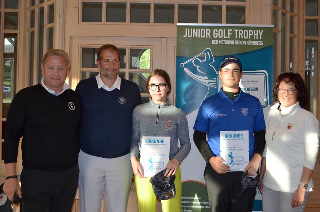 Junior Golf Trophy (v.l.): Jürgen Schrepfer, Jugendwart GC Bad Abbach, Frank Konopka, Jugendwart GC Herzogenaurach, Annika Au, Bruttosiegerin, Raphael Konopka, Bruttosieger, Monika Hüsgen, Jugendleiterin GC Am Habsberg. | Foto: Metropolregion Nürnberg