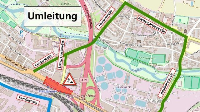 Ab Montag, 12. August mit Betriebsbeginn bis Montag, 19. August, ist die Kreuzung Fürther Straße – Höfener Straße – Nürnberger Straße – Ludwig-Quellen-Straße an der Stadtgrenze Fürth und Nürnberg für den Autoverkehr gesperrt. | Foto: Grafik: Stadt Fürth