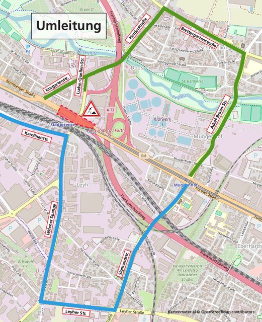 Ab Montag, 12. August mit Betriebsbeginn bis Montag, 19. August, ist die Kreuzung Fürther Straße – Höfener Straße – Nürnberger Straße – Ludwig-Quellen-Straße an der Stadtgrenze Fürth und Nürnberg für den Autoverkehr gesperrt.�