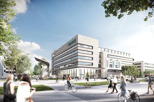 Das Empfangsgebäude des Siemens Campus wird das neue Wahrzeichen des Weltunternehmens in Erlangen.
Grafik: © Siemens AG