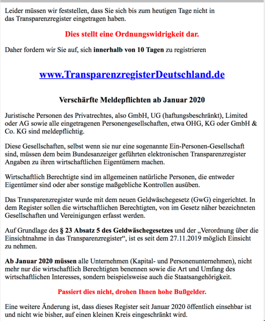 Verwirrung um Transparenzregister: So sehen die Anschreiben aus.
