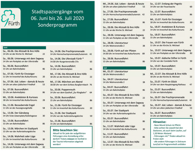 Das Programm der Stadtspaziergänge von 6. Juni bis 26. Juli | Foto: Stadt Fürth