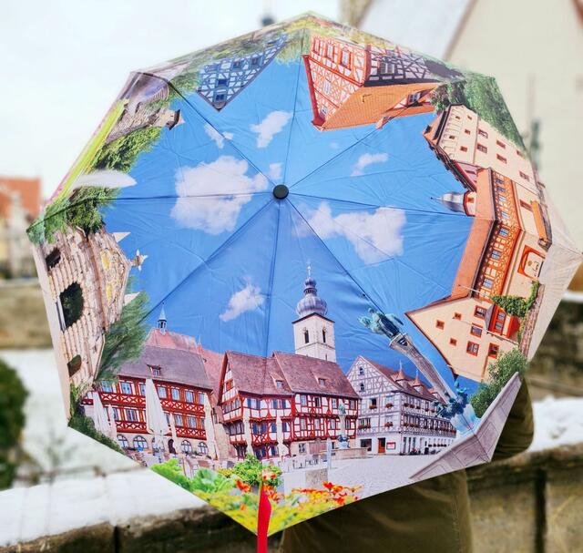 Der bunte Forchheim-Taschenschirm vor der Kaiserpfalz