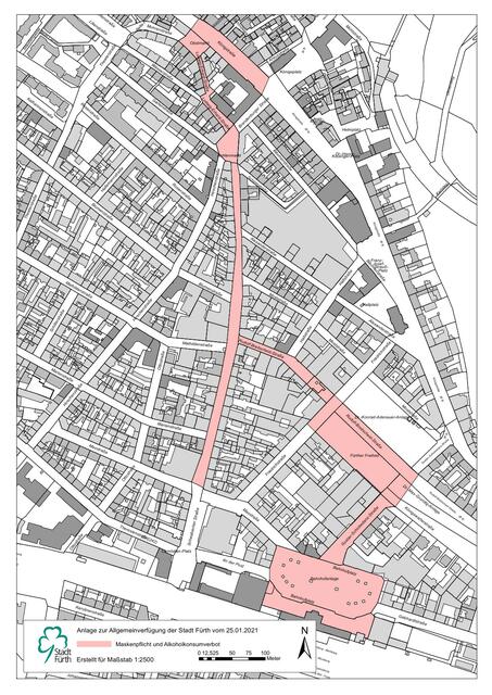 Die Anlage zur Allgemeinverfügung der Stadt Fürth vom 25.01.2021 zeigt den Geltungsbereich der Maskenpflicht und des Alkoholkonsumverbots. Grafik: Stadt Fürth