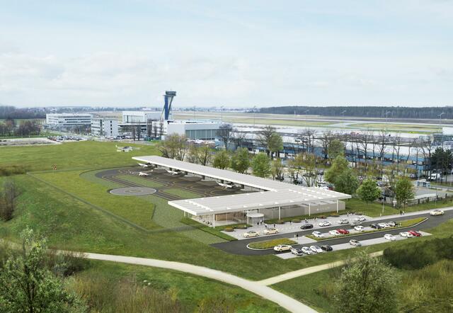 Lilium-Jets starten und landen senkrecht. Dafür benötigen diese eine passende Infrastruktur. Eine Visualisierung zeigt, wie ein sog. Vertiport am Airport Nürnberg aussehen könnte.
