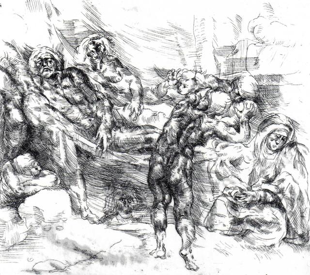 Hermann Leber: Grabtragung. Kaltnadelradierung über Ätzung, 1971. | Foto: Jutta Brüdern