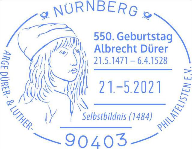 Sonderstempel der Dürer- und Luther-Philatelisten e.V. ARGE DÜRER- &amp; LUTHER-/ PHILATELISTEN E.V./ 550. Geburtstag/ Albrecht Dürer/ 21.5.1471 – 6.4.1528/ Selbstbildnis (1484)
Grafik und Stempel: Wittmann, Schwabach. | Foto: Dürer- und Luther-Philatelisten e.V.