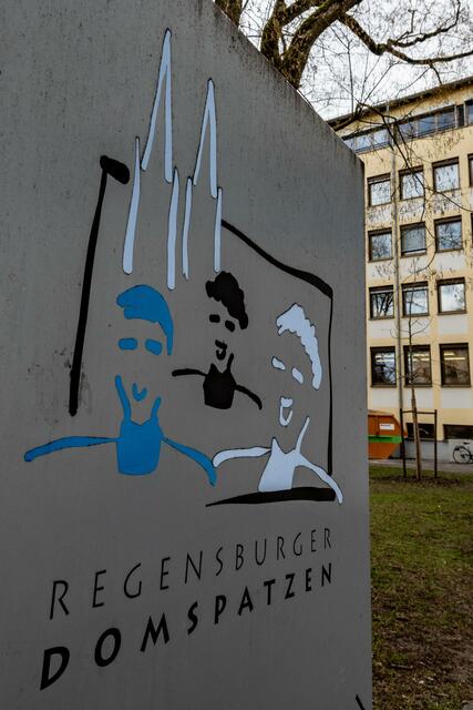 Das Logo der Regensburger Domspatzen vor dem Schulgebäude.  | Foto: Armin Weigel/dpa/Archivbild