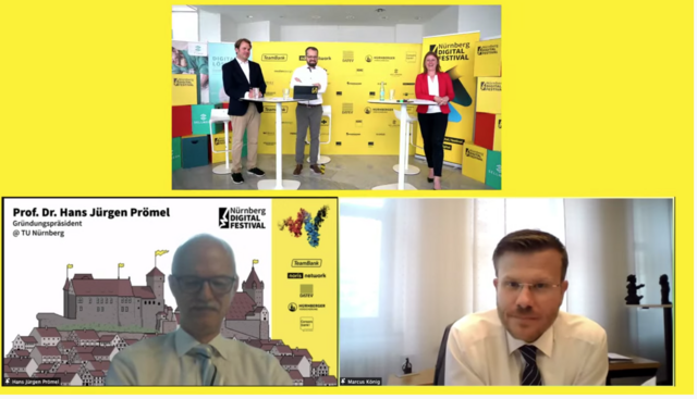 Eröffnung des Nürnberg Digital Festival 2021 mit Oberbürgermeister Marcus König (r.), Prof. Dr. Hans Prömel (l.), Gründungspräsident TU Nürnberg, und (oben) Michael Oschmann, CEO Sellwerk, Ingo Di Bella, Initiator des Nürnberg Digital Festival, mit Moderatorin Dorothee Brommer.  | Foto: Scrennshot/nf