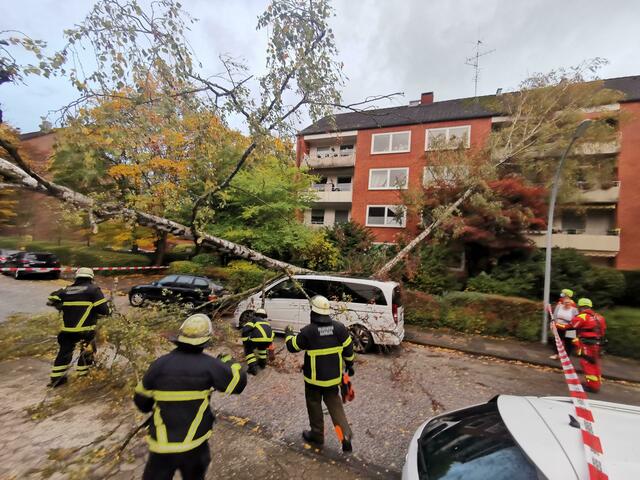 Im Hamburger Stadtteil Ohlsdorf hat "Ignatz" Bäume entwurzelt. Die Feuerwehr ist im Einsatz.  | Foto: Steven Hutchings/TNN/dpa