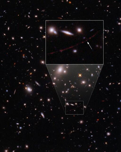 Der Stern mit dem Namen «Earendel» liegt hinter einem Galaxienhaufen, der als Gravitationslinse dient. | Foto: Space Telescope Science Institut/ESA/Hubble/dpa