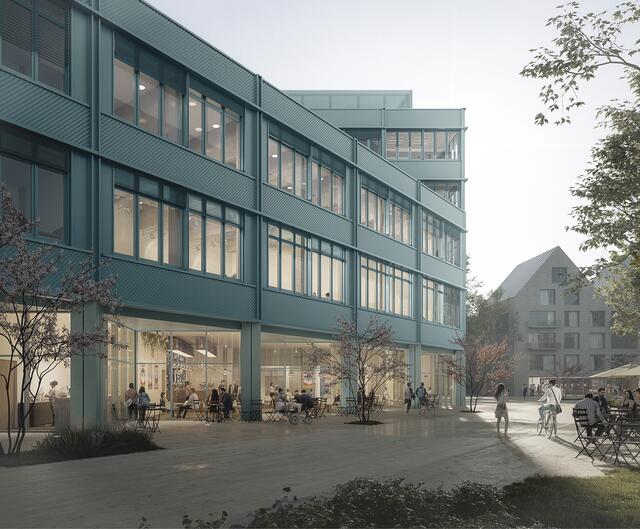 Visualisierung der Außenansicht des Ohm Innovation Center. (Steimle Architekten BDA / Visualisierung: VIZE Renderings)