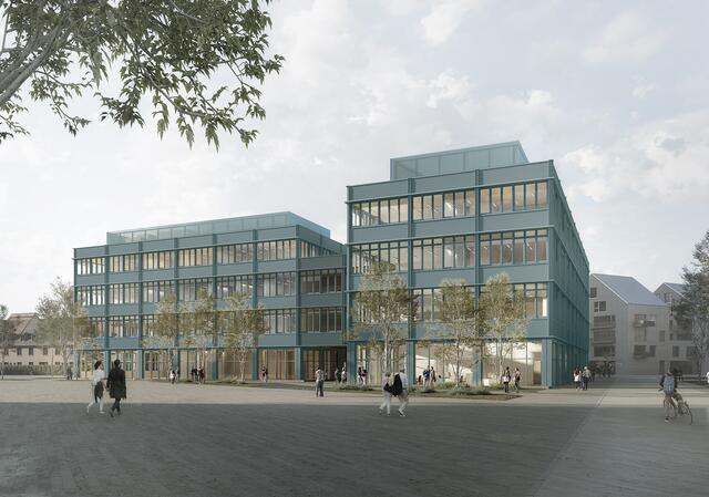 Visualisierung der Außenansicht des Ohm Innovation Center. (Steimle Architekten BDA / Visualisierung: VIZE Renderings)