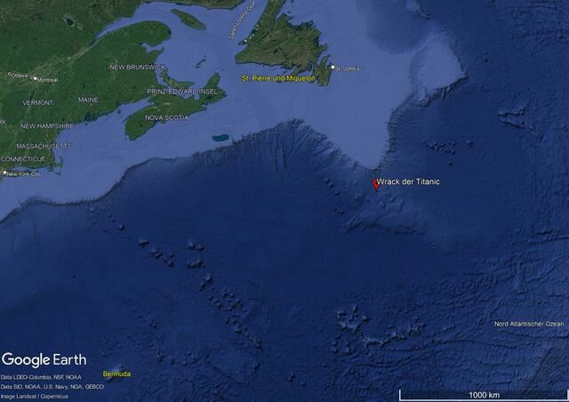Hier liegt das Wrack der «Titanic» im Atlantik.  | Foto: Google/dpa