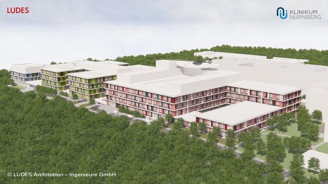 Ansicht des neuen Notfallzentrums (Bauabschnitt vorne rechts in rot) aus Südwest.  | Foto: LUDES Architekten – Ingenieure GmbH