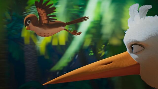 Spatz Richard mit Storch Max, dem besten großen Bruder, den man sich nur vorstellen kann  | Foto: © 2023 Knudsen Pictures GmbH