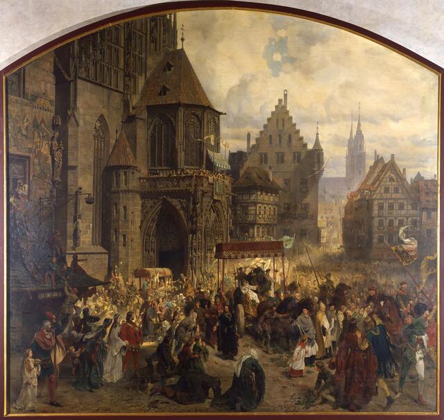Paul Ritter d. Ä.: Eintreffen der Reichskleinodien am 22. März 1424, 1881/83. | Foto: Museen der Stadt Nürnberg, Kunstsammlungen