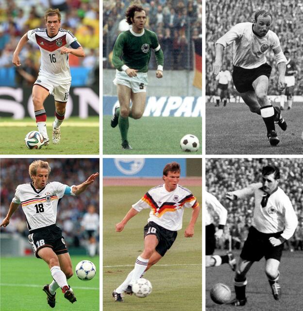 Die Kombo zeigt die ehemaligen deutschen Fußball-Nationalspieler (oben l-r) Philipp Lahm, Franz Beckenbauer, Uwe Seeler (unten l-r) Jürgen Klinsmann, Lothar Matthäus, Fritz Walter. | Foto: Andreas Gebert/dpa/Archivbild