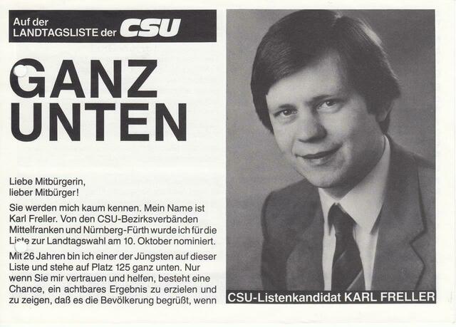 Mit diesem Werbeflyer machte der junge CSU-Kandidat 1982 auf sich aufmerksam. | Foto: CSU Scjhwabach/Privat