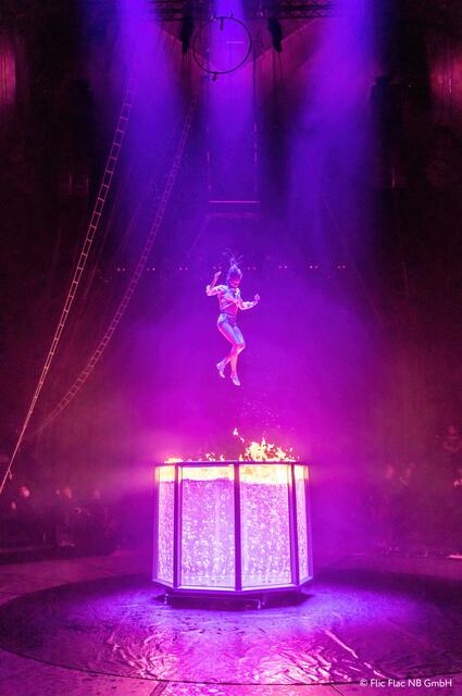 Hingucker: Die britische Artistin Laura Miller schwebt am Luftring über die Manege und zeigt im Wasserbecken eine traumhafte Performance. | Foto: Flic Flac NB GmbH