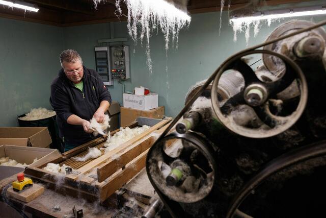 Michael Stücke verarbeitet die Wolle seiner schwulen Schafe selbst und nutzt dafür ein über 100 Jahre altes Gerät. | Foto: Friso Gentsch/dpa