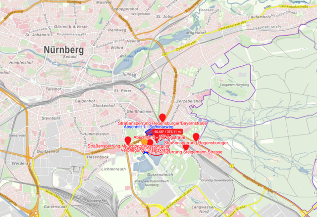 Eine interaktive Karte informiert über den Evakuierungsbereich sowie die Straßensperrungen. Nicht eingezeichnet ist die Sperrung der Schultheißallee auf Höhe des Parkplatzes der Meistersingerhalle.
https://geoportal.bayern.de/bayernatlas | Foto: Bayern Altas/Geoportal Bayern/Bayerisches Staatsministerium Finanzen, Heimat