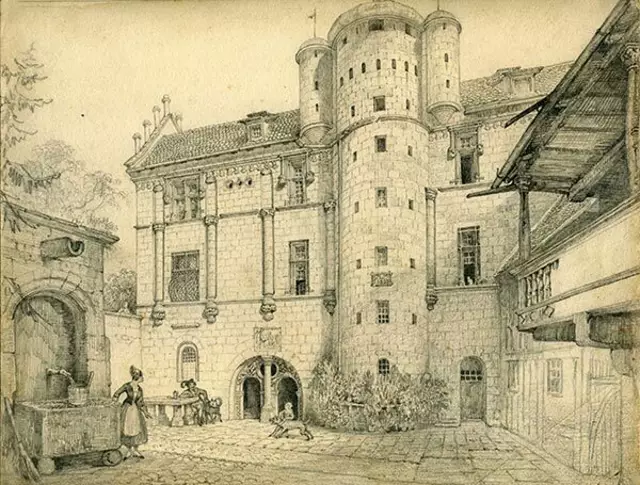 Georg Osterwald: Tucher'sches Haus zu Nürnberg – Hoffront mit historisierender Staffage. Bleistiftzeichnung, um 1850. | Foto: Museen der Stadt Nürnberg, Kunstsammlungen