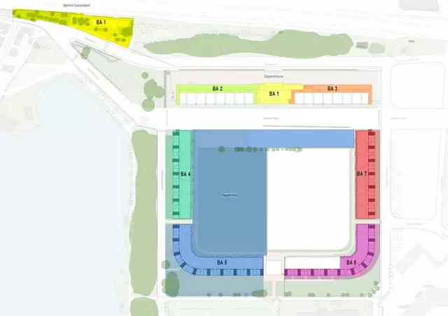 Das gesamte Bauprojekt an Zeppelintribüne, Zeppelinfeld und Bahnhof Dutzendteich ist in mehrere Bauabschnitte untergliedert, die farblich hervorgehoben sind. | Foto: Stadt Nürnberg/Fritsch Knodt Klug + Partner mbB Architekten 2024