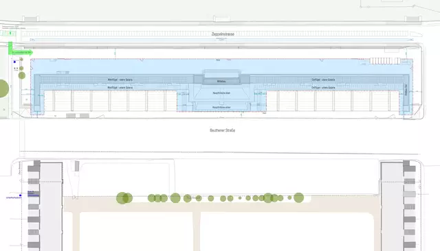 Der Baustellenbereich der Zeppelintribüne ist mit hellblauer Farbe hinterlegt. Die rote Linie markiert die Stellung des Bauzauns. | Foto: Stadt Nürnberg/Fritsch Knodt Klug + Partner mbB Architekten 2025
