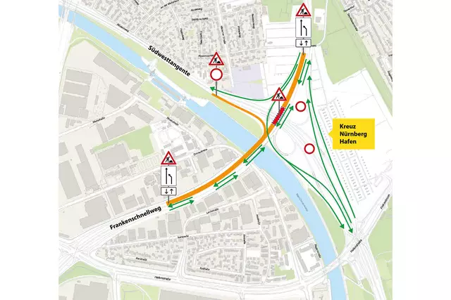 Vollsperrung der Südwesttangente am Kreuz Nürnberg-Hafen am Wochenende von Freitag, 16. Mai, bis Montag, 19. Mai 2025. Die Baustellenkarte zeigt die Fahrbeziehungen, die auch während der Vollsperrung möglich sind. | Foto: Servicebetrieb Öffentlicher Raum / Stadt Nürnberg