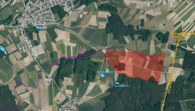 Die rote Fläche zeigt den Bereich an, wo die beiden Windkraftanlagen möglicherweise errichtet werden könnten. | Foto: Vermessungsamt/Marktgemeinde Schwanstetten