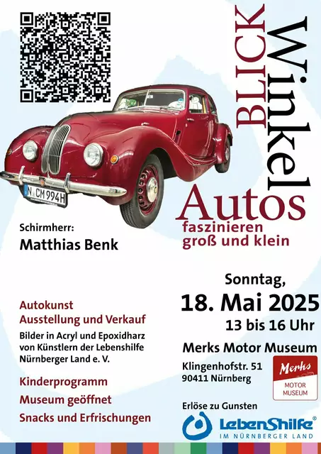 FLYER "BlickWinkel" - AUTOS faszinieren groß und klein. 

Kunst aus verschiedenen Blickwinkeln: Bilder mit Automobil-Motiven in Acryl und mit Epoxidharz versiegelt. 
Die Teilnehmenden der Kunstgruppe der Moritzberg-Werkstätten - ein Angebot zur Persönlichkeitsentwicklung - stellen Bilder und Mobiles am 18.5.2025 in MERKS Motor Museum in Nürnberg aus. Kinderprogramm  +++ Museum geöffnet +++ Snacks und Erfrischungen.  | Foto: Lebenshilfe Nürnberger Land e. V.