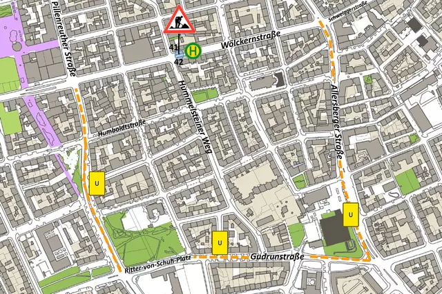 Eine Umleitungsempfehlung ist vor Ort ausgeschildert und führt über: Allersberger Straße, Gudrunstraße, Ritter-von-Schuh-Platz, Pillenreuther Straße.

 | Foto: Sör / Stadt Nürnberg und Bayerische Vermessungsverwaltung)