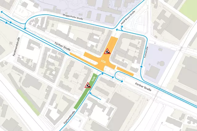 Sanierung der Kreuzung Fürther Straße – Sigmundstraße – Adolf-Braun-Straße: Baufelder und Verkehrsführung während der Baustelle. | Foto: Geobasisdaten: © Stadt Nürnberg, Geo und © Bayerische Vermessungsverwaltung