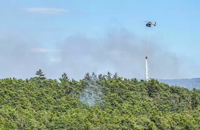 Hubschrauber unterstützten die schwierigen Löscharbeiten am Boden. | Foto: Jason Tschepljakow/dpa