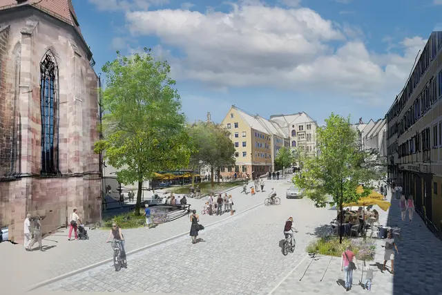 Blick von der Spitalgasse in Richtung Norden. Nach Abschluss der Arbeiten wird es auf dem Obstmarkt mehr Grün und weniger Verkehr geben. | Foto: Grafik: ediundsepp Gestaltungsgesellschaft mbH Copyright / Stadt Nürnberg / Grafik: ediundsepp Gestaltungsgesellschaft mbH / Copyright: Stadt Nürnberg