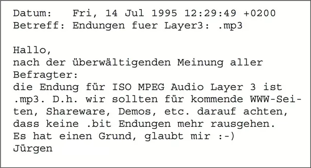 Mit dieser E-Mail wurde 1995 der Name der Dateiendung .mp3 besiegelt. | Foto: Fraunhofer IIS/dpa