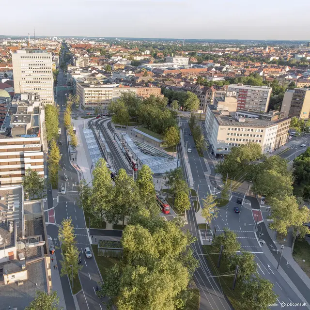 Animation der Variante A zur Umgestaltung des Plärrers mit Barrierefreiheit und weitreichenden Maßnahmen zur Klimaanpassung.
 | Foto: pbconsult