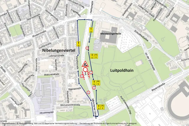 Umleitung während Brückensperrung: Der Geh- und Radverkehr kann die gesperrte Fußgängerbrücke über die Münchener Straße im Norden und Süden umgehen, um vom Nibelungenviertel in den Luitpoldhain zu gelangen. | Foto: © Stadt Nürnberg-Geo und Bayerische Vermessungsverwaltung