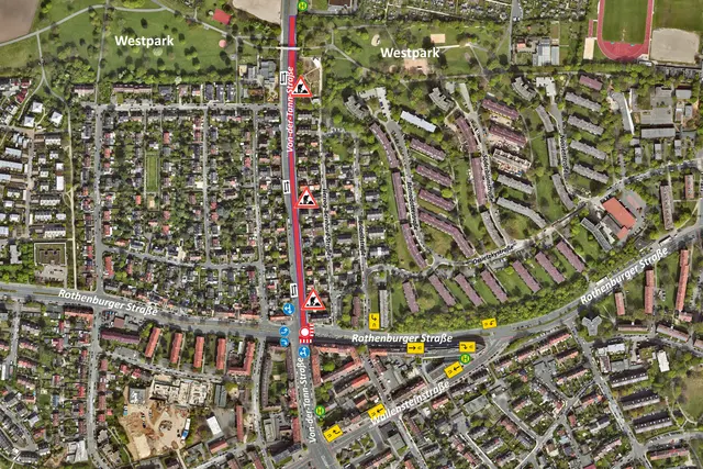 Die rund 500 Meter lange Baustelle erstreckt sich von der Kreuzung Rothenburger Straße bis zur Fußgängerbrücke am Westpark. Betroffen sind die beiden Fahrspuren in Richtung Frankenschnellweg. | Foto: Stadt Nürnberg / Geo und Bayerische Vermessungsverwaltung )